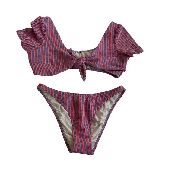 SOLID & STRIPED 2pcs Swimsuit Sz L Orange/Lilac Striped Tie Front Retro Stretchy - Picture 1 of 9
